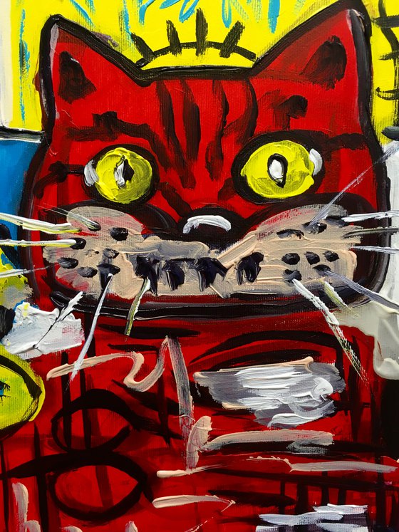 King Cat Troy  in a CROWN ( 81 x 51cm, 32 x 20 inches,) version of famous painting by Jean-Michel Basquiat