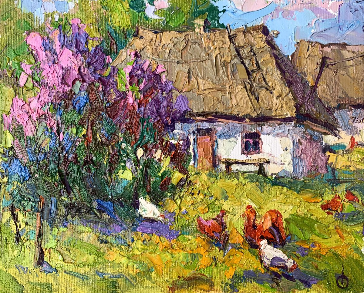 Impressionistic Landscape Oil Painting By Kalenyuk Alex, 10 X 8", Chickens Grazing In The Yard, Original Artwork
