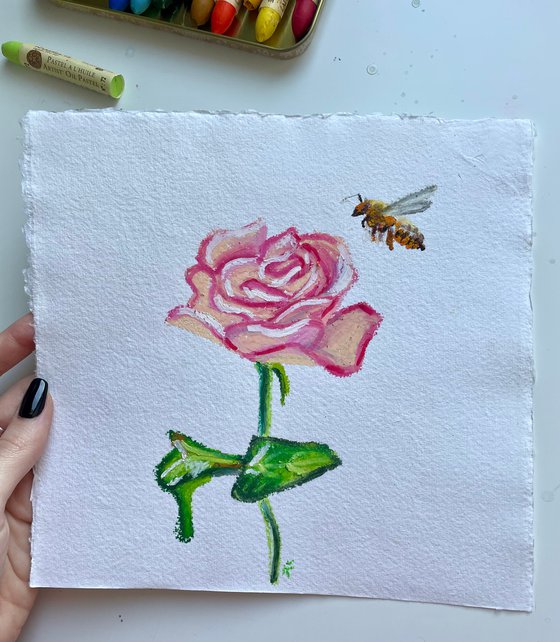 Rose Original Oil Pastel Painting, Bee Illustration, Valentines Day Gift for Her, Cottagecore Wall Art