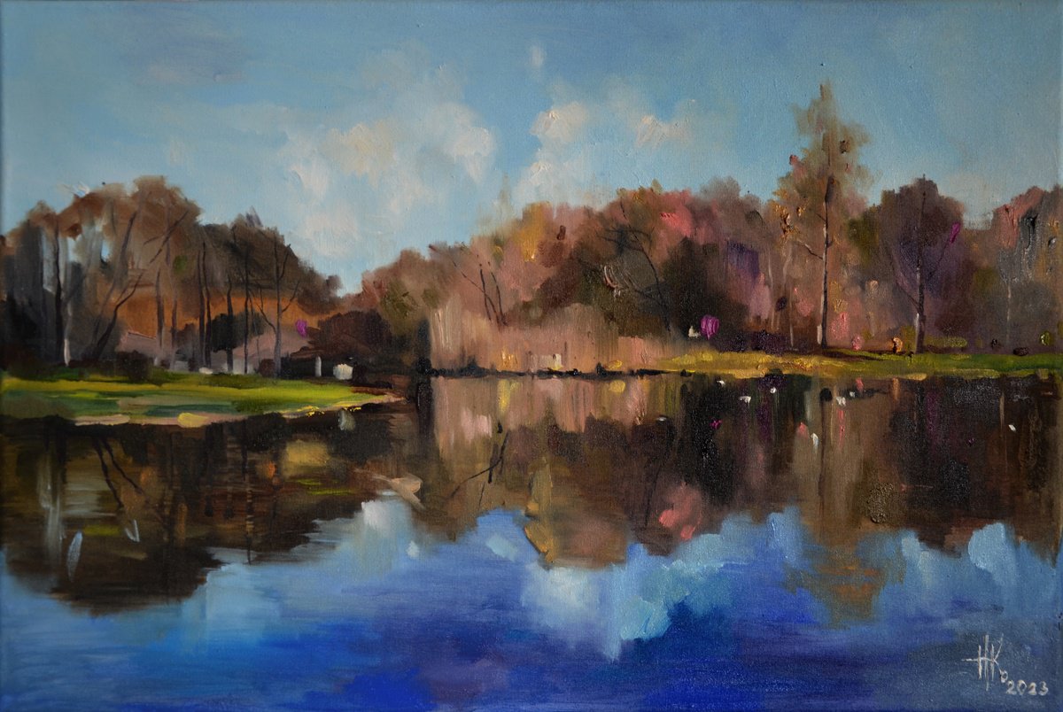 Expressive Landscape Oil Painting By Zhanna Kondratenko, 24 X 16", Opposite Waterside, Original Artwork