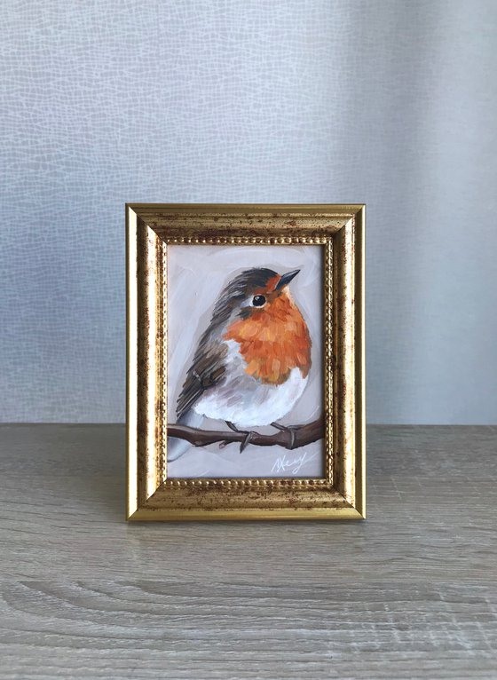 Bird Robin painting mini art framed