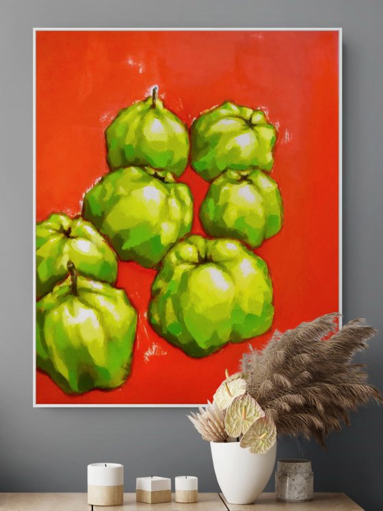Green fruits on red background