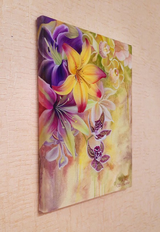 "Allure", original floral painting, lilies, flower composition