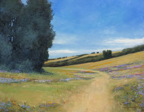 Summer Hills 220807, trees and road path impressionist landscape painting by Don Bishop