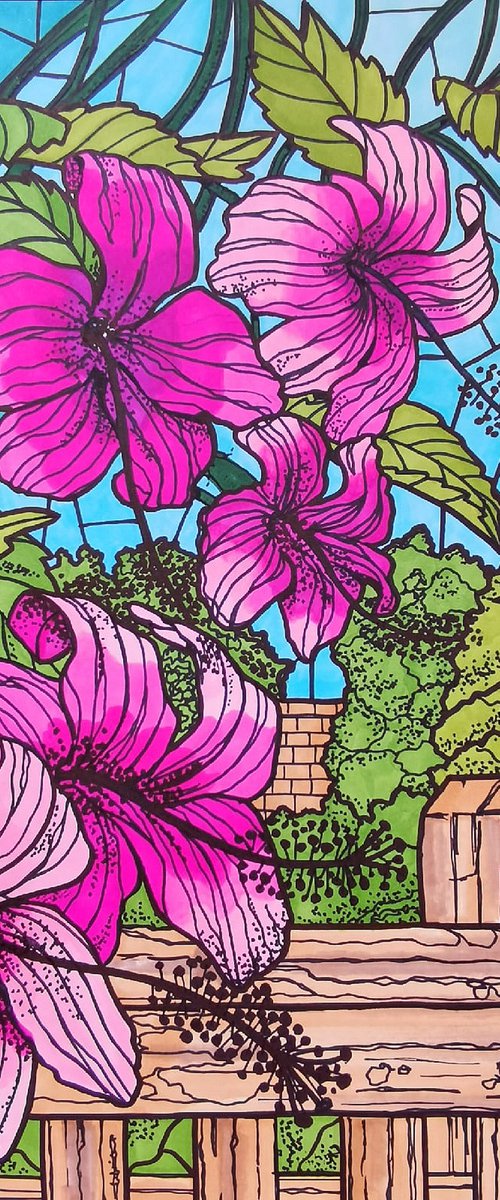 Pink flowers in garden - colorful graphics illustration art in stained glass style by BAST