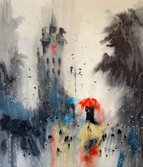 Watercolor “Red accent in the rain” perfect gift by Iulia Carchelan