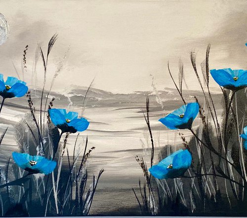 Blue Poppies on a Panoramic Canvas by Marja Brown