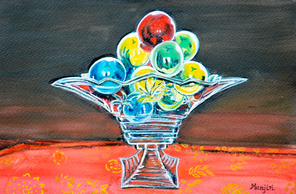 Still life watercolor painting christmas baubles in glass vase by Manjiri Kanvinde
