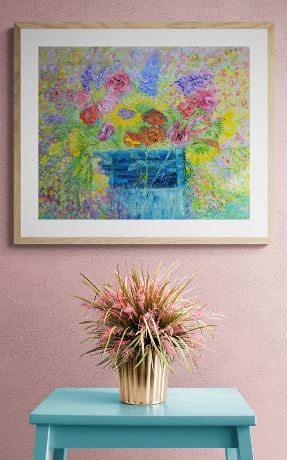 Sunflowers,Stocks and Roses Oil Painting