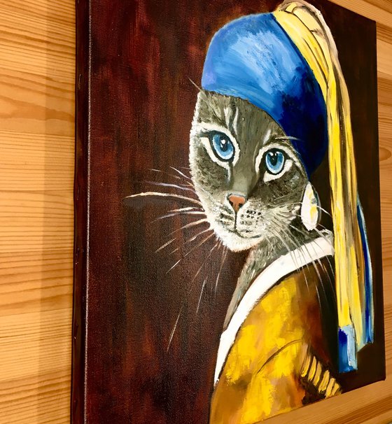 British blue Cat with the pearl earring #7  inspired by Johannes   Vermeer painting feline art for cat lovers gift idea