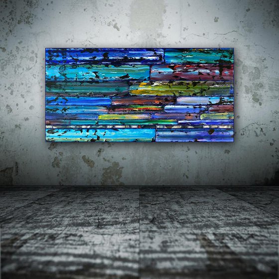 "Cooling It Down" - Original PMS Large Assemblage Sculptural Painting On Wood and Marbled Glass Backsplash Tile - 48 x 24 inches