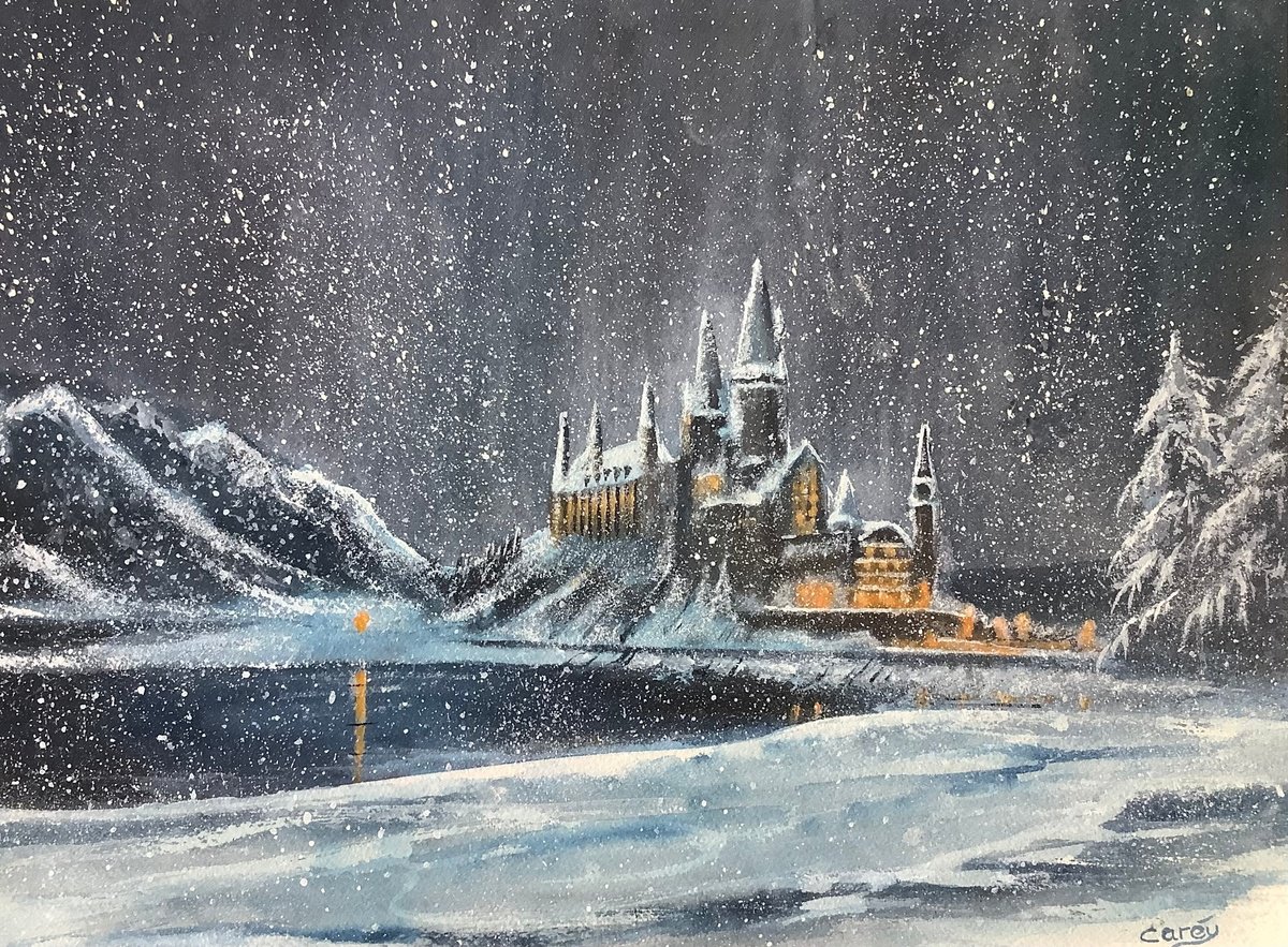 Impressionistic Cityscapes Watercolour By Darren Carey, 15 X 11, Hogwarts In The Snow, Original Artwork