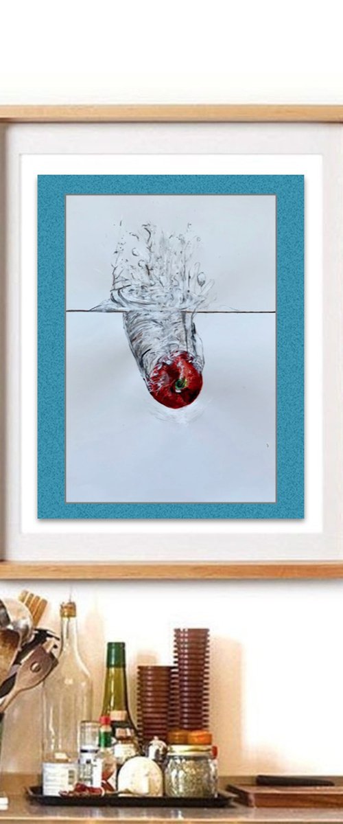 Red Apple Falling through Water Acrylic Painting Realistic Water Artwork On Paper Home Decor Gift Ideas by Kumi Muttu