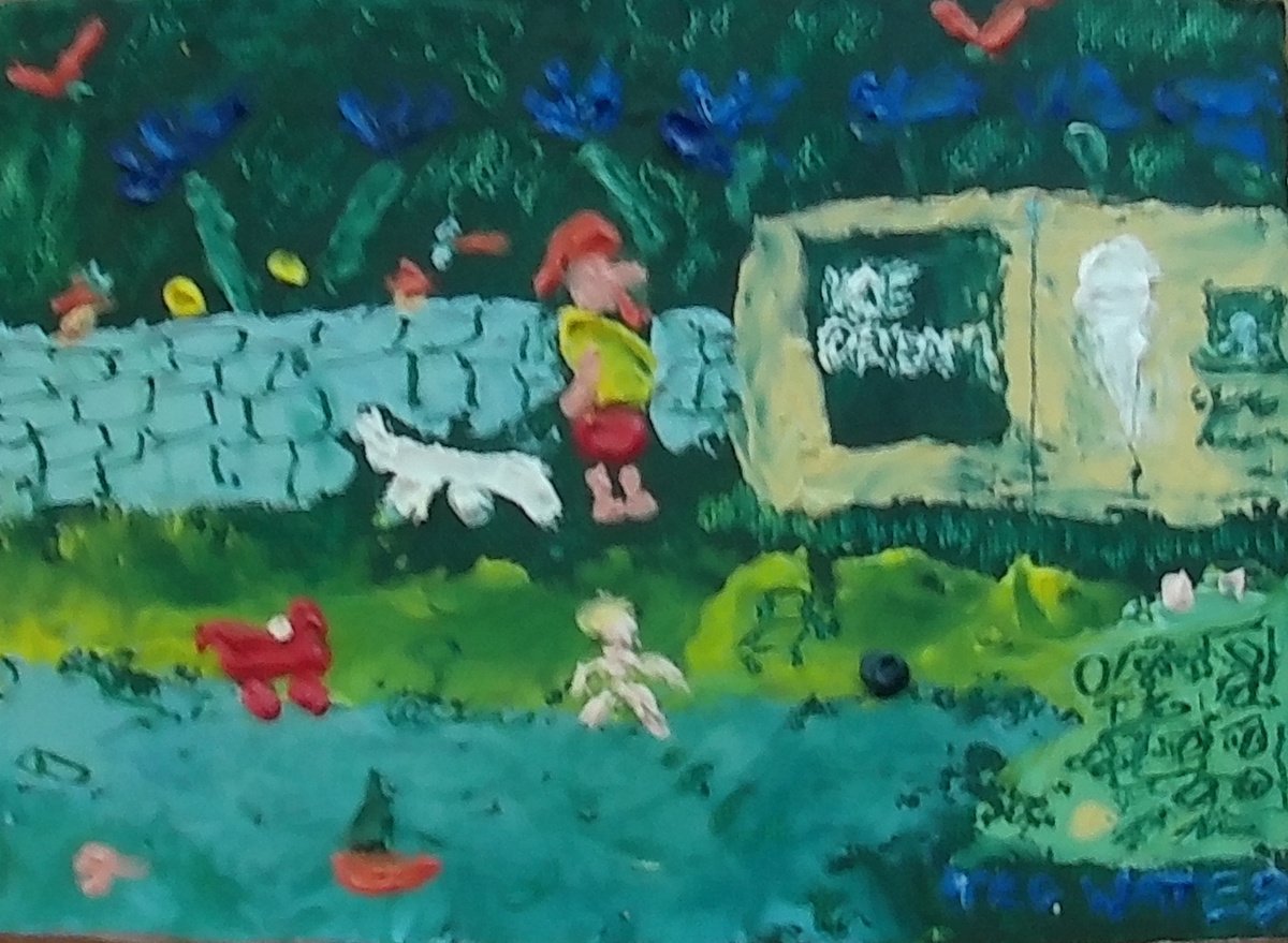 Naive Portrait Oil Painting By Ted Wates, 7 X 5", Queuing For Ice Cream, Original Artwork