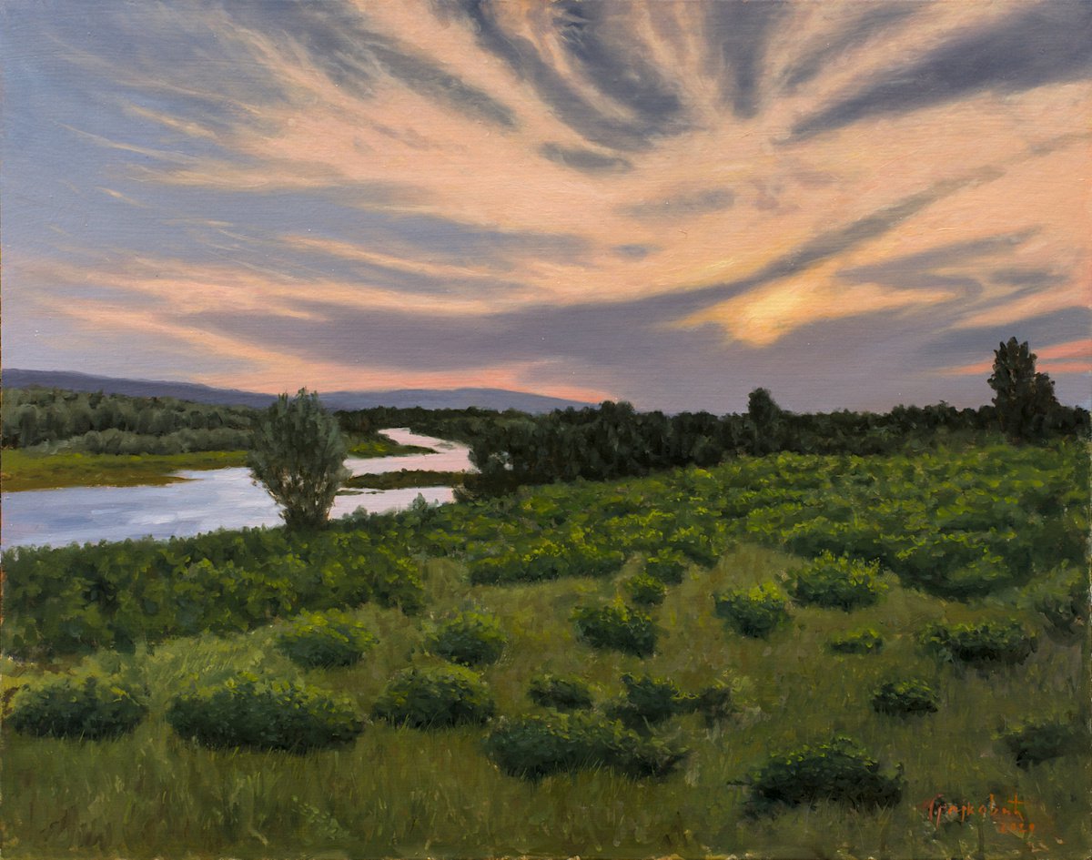 Impressionistic Landscape Oil Painting By Dejan Trajkovic, 27 X 21, Sundown, Original Artwork