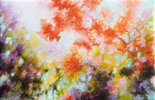 The red mimosas, Japanese evocation - energy abstract floral spring blossoms red mauve violet vibrant impressionistic oil painting ready to hang Fauve Nabis color by Fabienne Monestier
