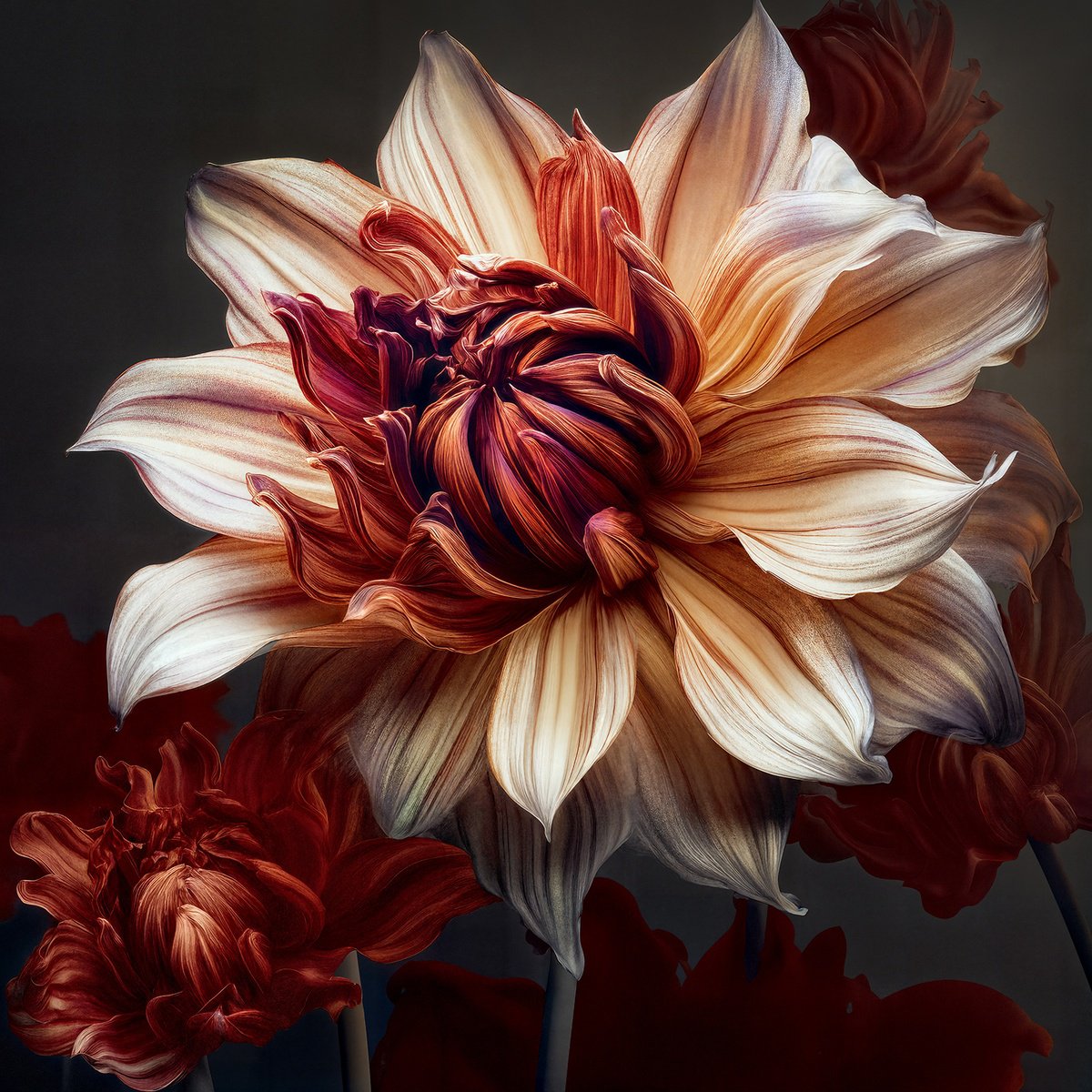 Photorealistic Botanical Photograph By Michael Filonow, 38 X 38", Rainbow Dahlia 33, Original Artwork