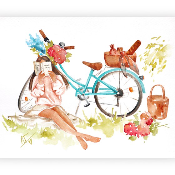 Girl with bike, flowers, roses, summer dress and happiness. Fashion illustration