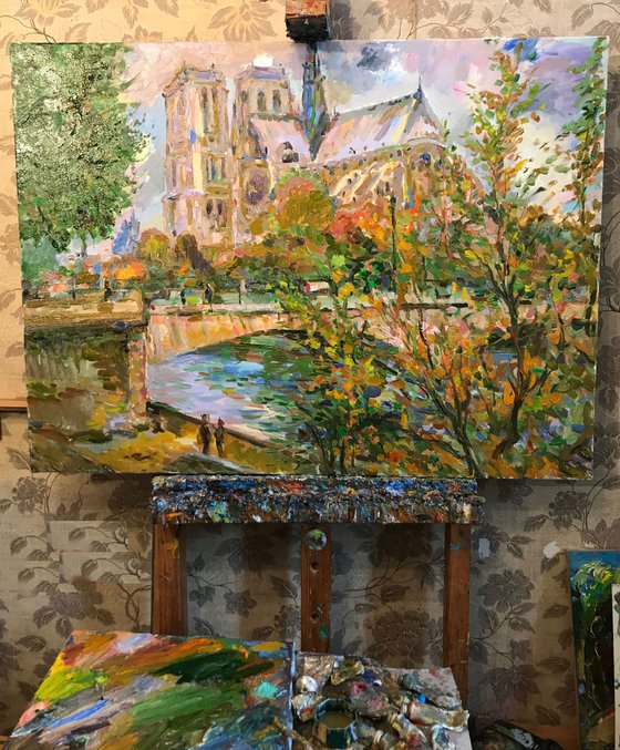 SUNNY DAY on CITE ISLAND, PARIS - Notre Dame - autumn landscape, original oil painting, city France, bridge Seine