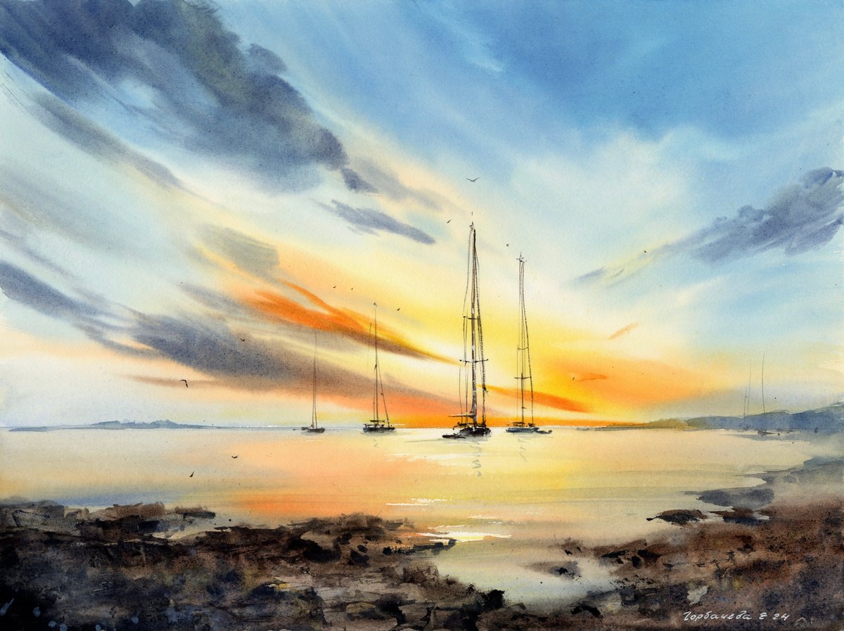 Eugenia Gorbacheva | Original Watercolour | Yachts At Sunset #20 | 38 X 28Cm | Artwork For Sale On Artfinder