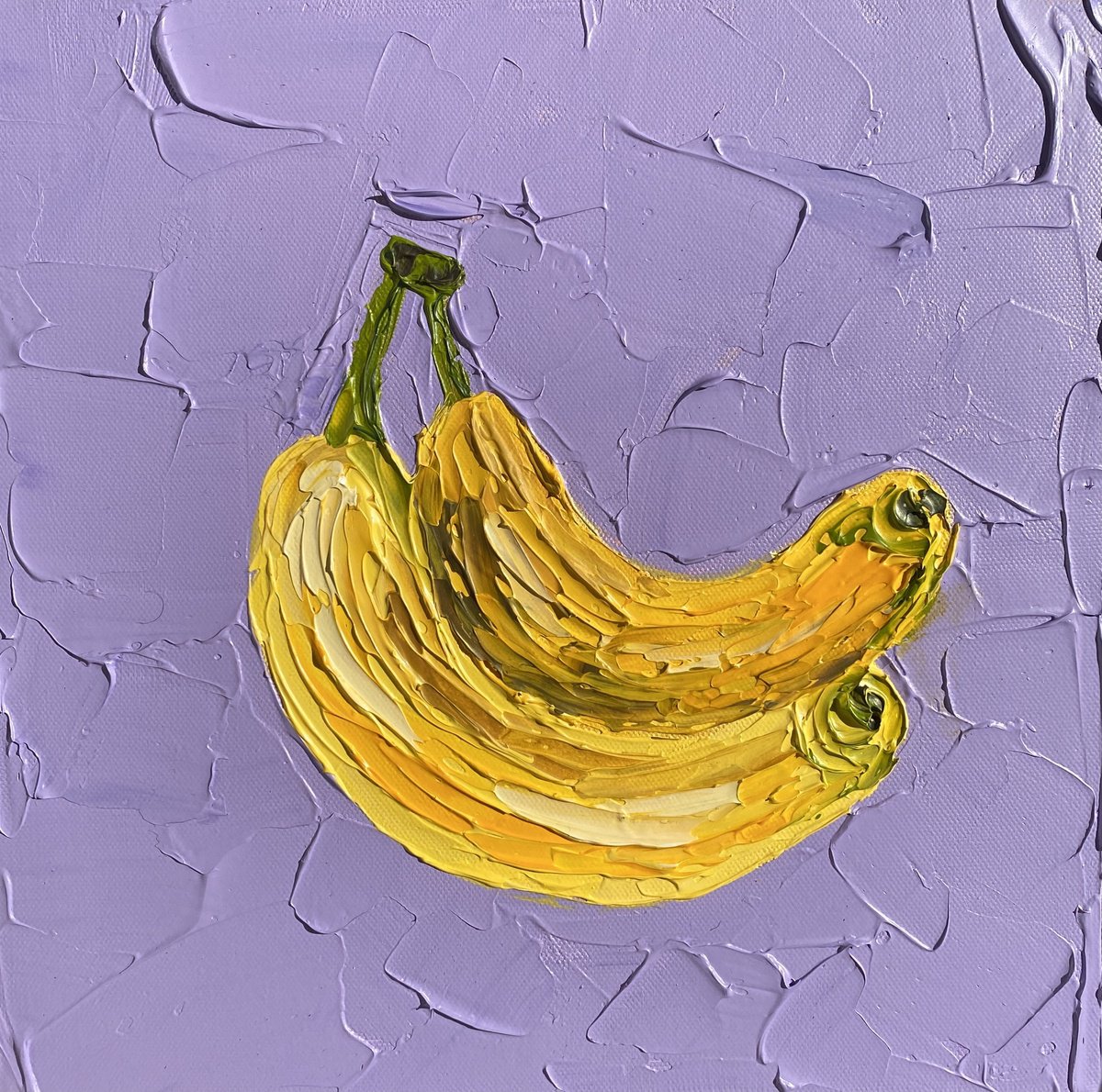 Impressionistic Still Life Acrylic Painting By Guzaliya Xavier, 12 X 12, Bananas On Purple, Original Artwork