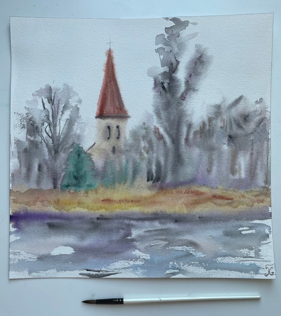 Fall Watercolor Painting, Church in Forest Original Art, Rainy Wall Art, Slovak Artwork