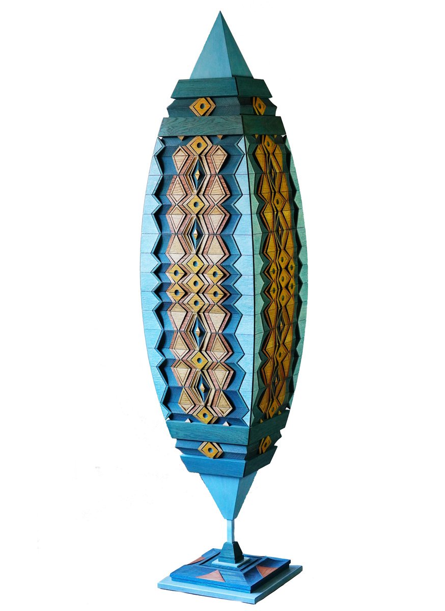 Urban And Pop Abstract Wood Sculpture By Sava Draganov, 16 X 74", "Blue Spindle", Original Artwork