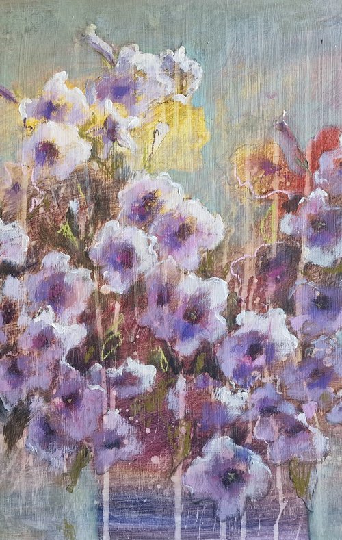 Soft Sunlight and Lavender Petunias by Lena Stavisiuk
