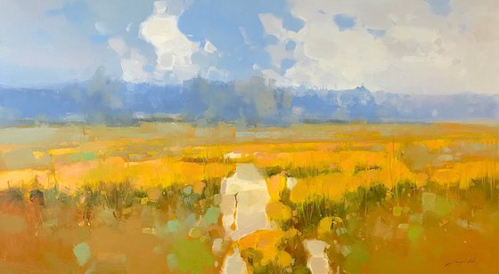Field of Yellow Flowers, Landscape oil painting, One of a kind, Signed, Handmade artwork