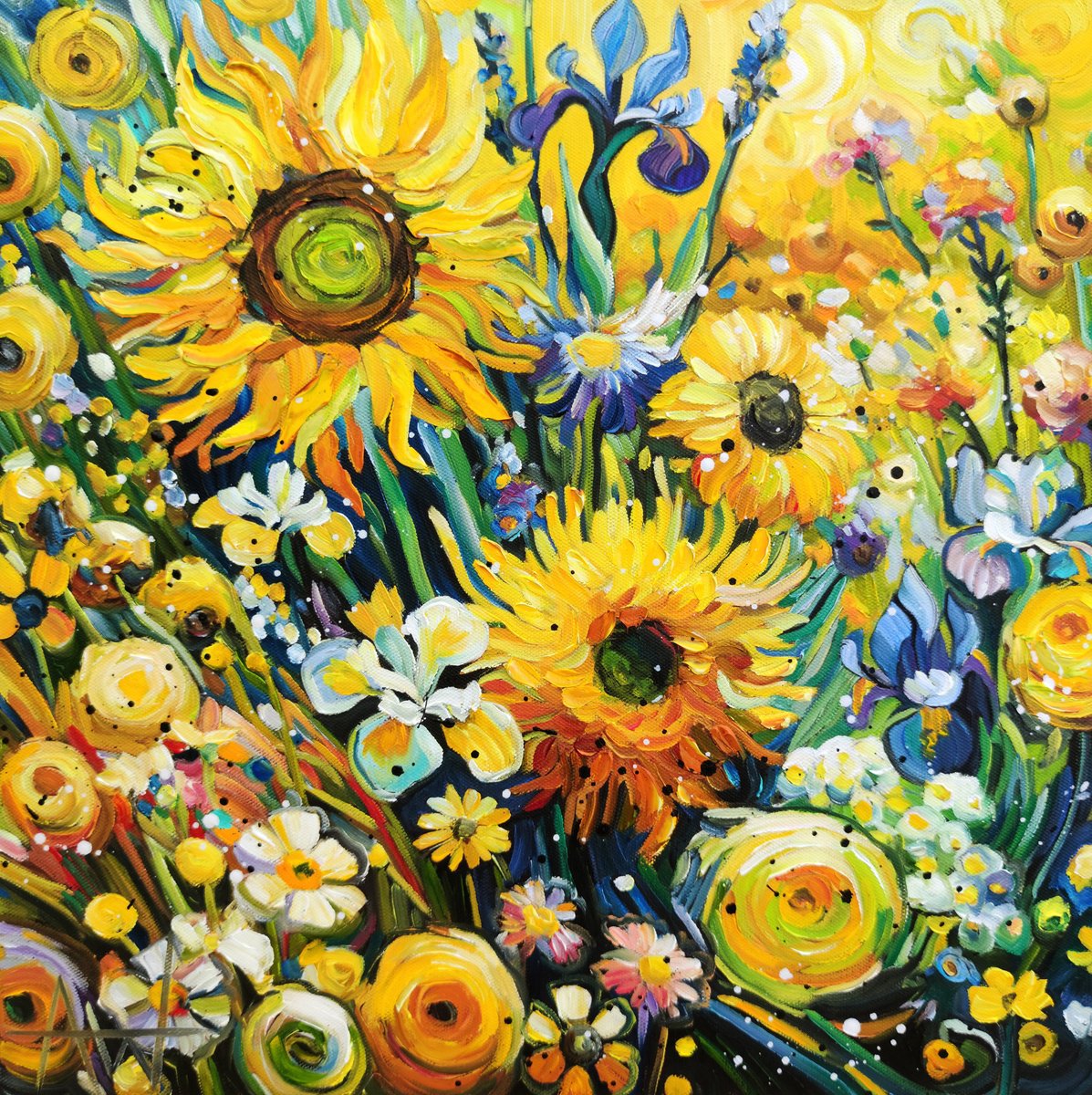 Impressionistic Botanical Oil Painting By Angie Wright, 16 X 16, Sunburst Garden - Sunflowers, Original Artwork