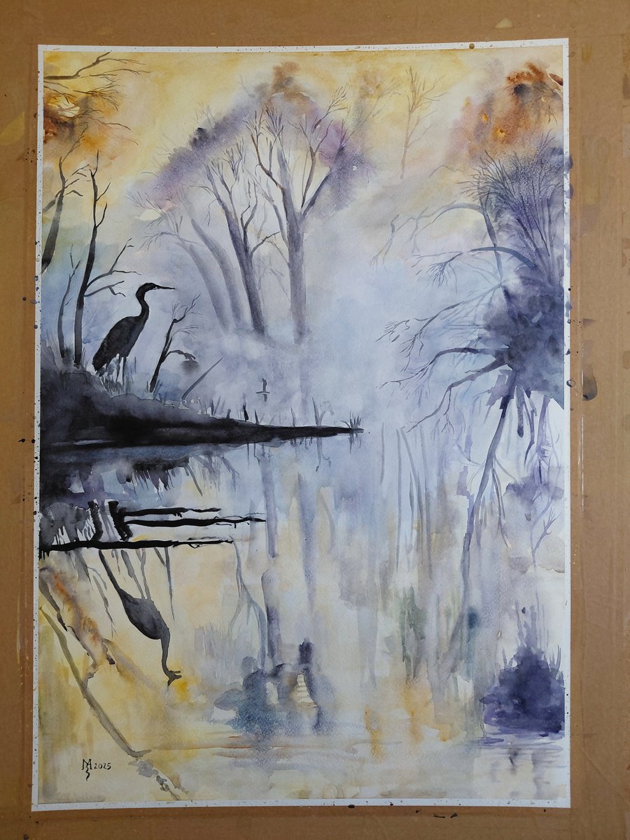 Impressionistic Animal Watercolour By Zoran Mihajlovic Muza, 16 X 23", Heron In The Mist, Original Artwork