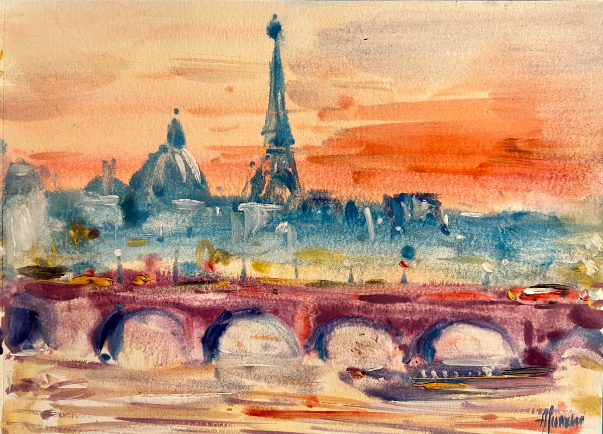 Impressionistic Watercolour , Paris Sunset 21X30. By Altin Furxhi, 12 X 8, Artwork For Sale On Artfinder