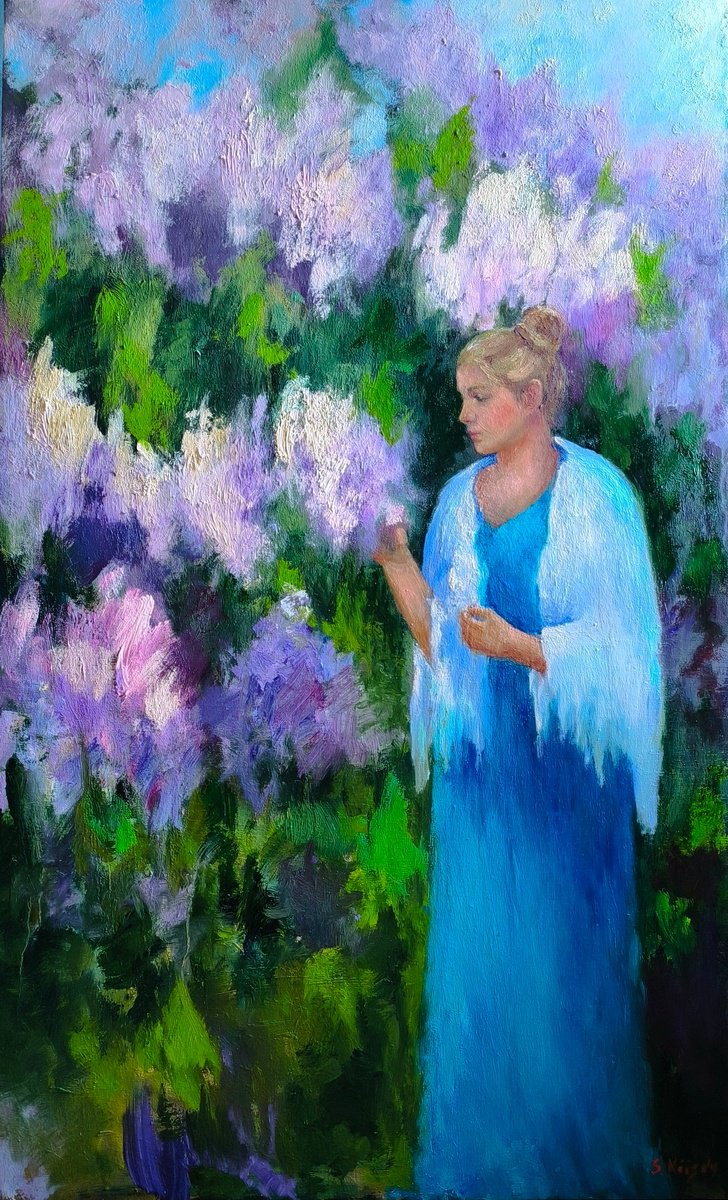 Impressionistic Portrait Oil Painting By Svetlana Grishkovec-Kiisky, 28 X 45", The Scent Of Lilac, Original Artwork
