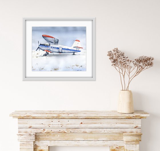 The plane is parked. Original watercolor artwork.