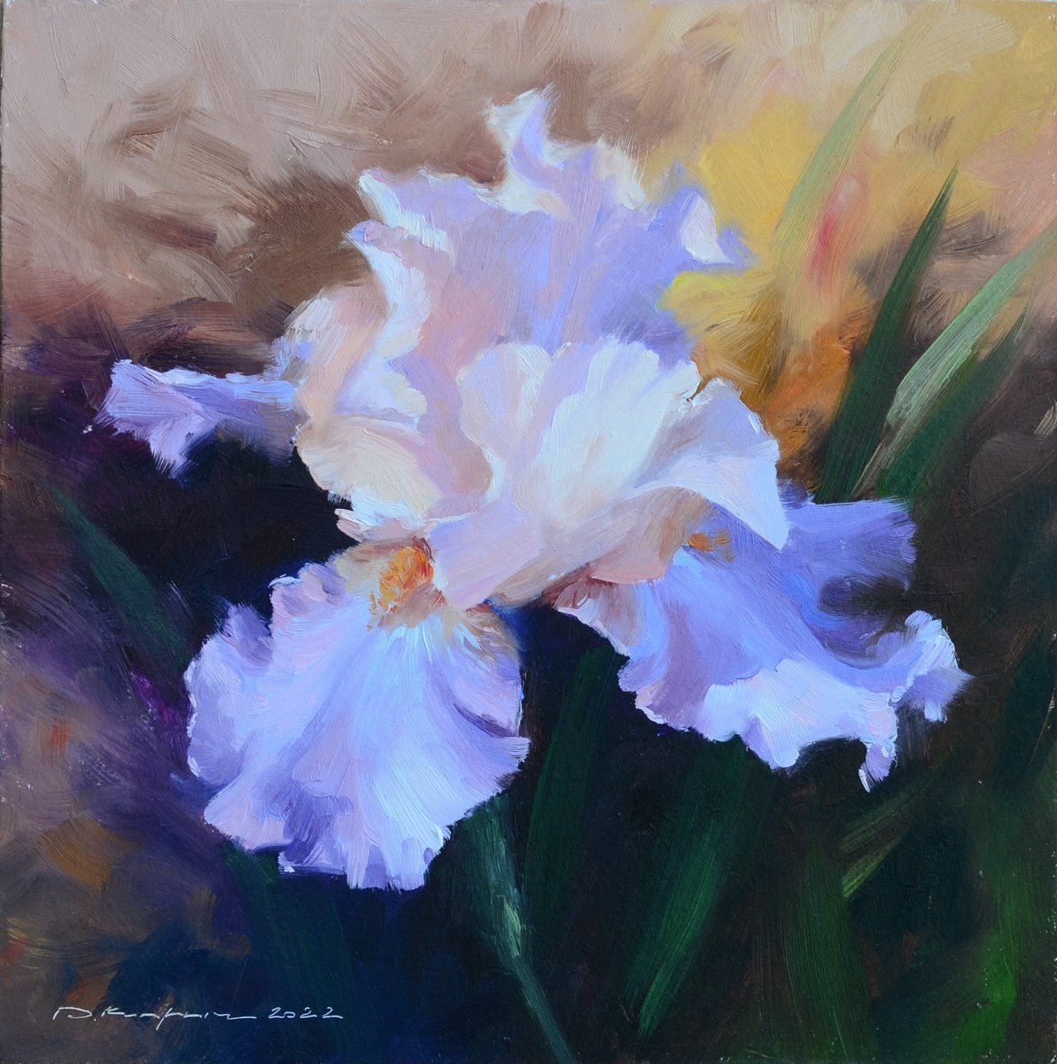 Impressionistic Botanical Oil Painting By Ruslan Kiprych, 9 X 9", Iris, Original Artwork