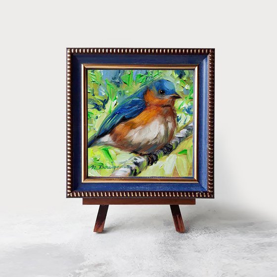 Blue bird painting original in oil 4x4, Eastern Bluebird art illustration small art framed, Bird lovers gift