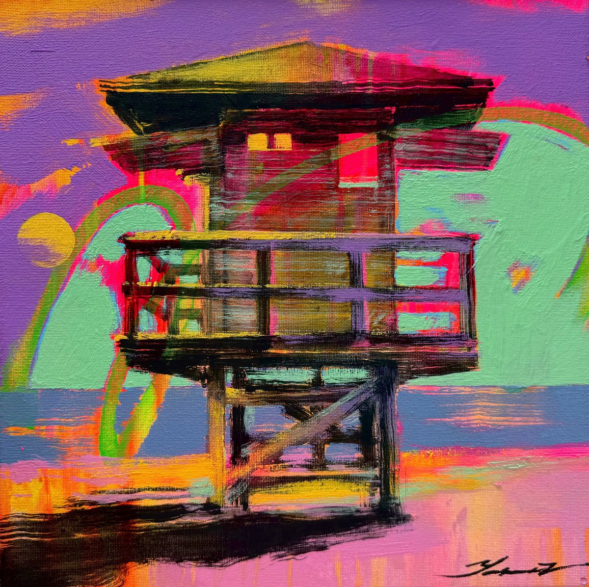Urban And Pop Landscape Acrylic Painting By Yaroslav Yasenev, 12 X 12", Purple Sunset In Miami, Original Artwork