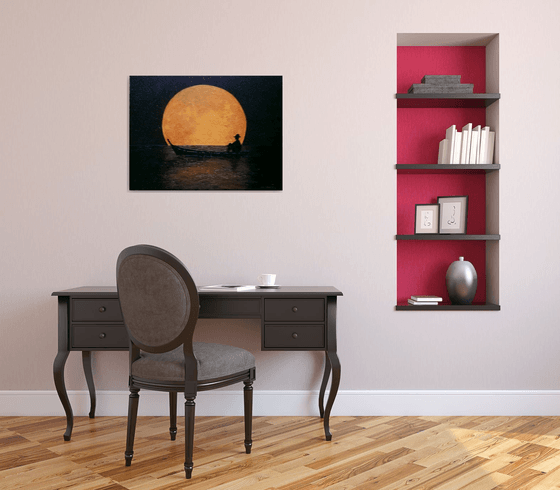 Magic Night - full moon, starry night, boat on lake;  home, office décor