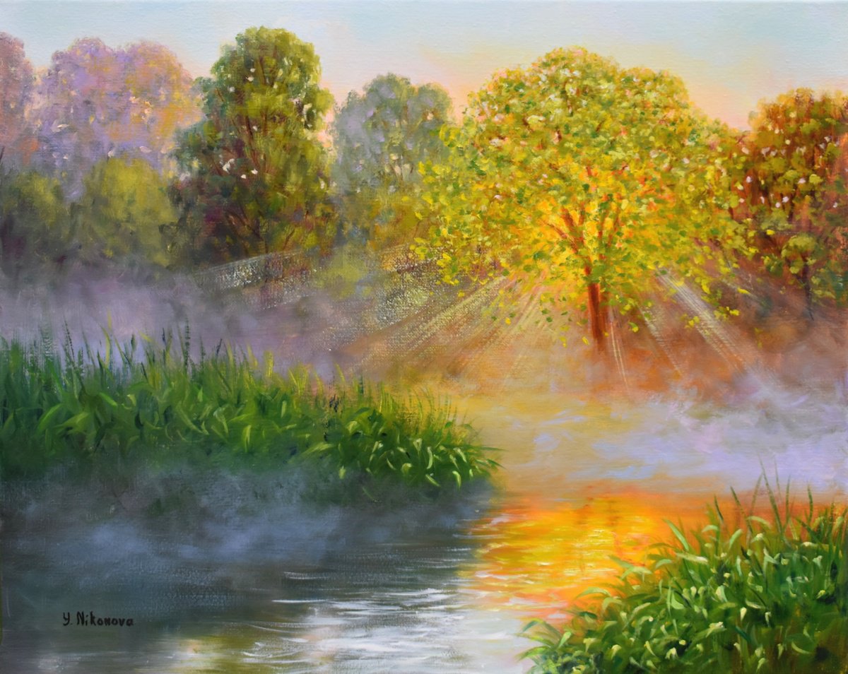 Impressionistic Landscape Oil Painting By Yulia Nikonova, 20 X 16", Floating Fog, Original Artwork