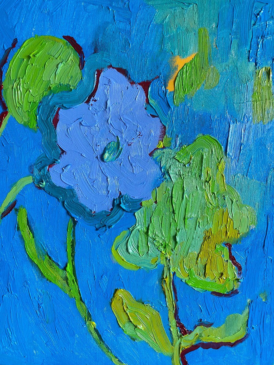Family - flowers painting, blue background, ready to hang, green flowers, blooms, garden... by Ksenia Kozhakhanova