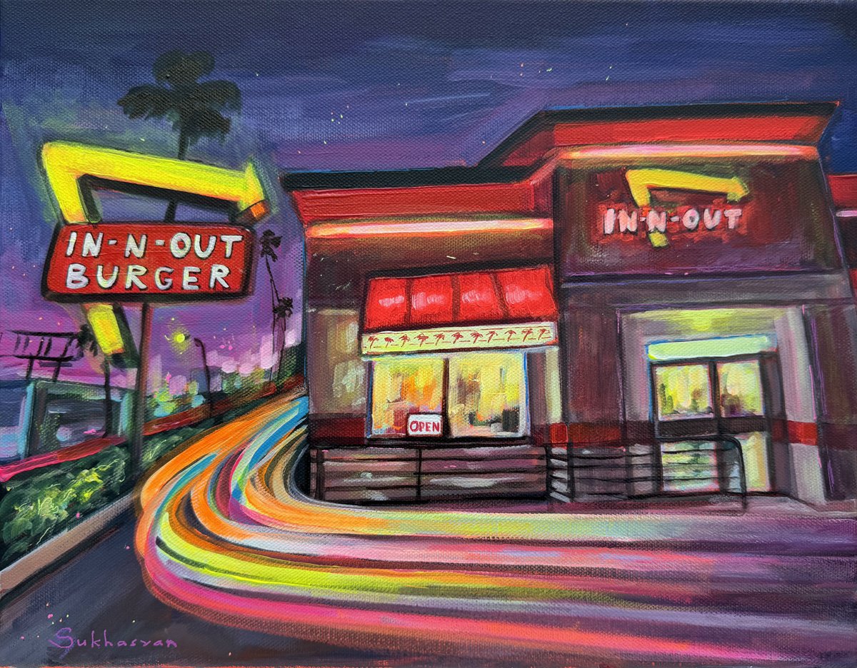Impressionistic Cityscapes Acrylic Painting By Victoria Sukhasyan, 14 X 11", Los Angeles. In-N-Out Burger, Original Artwork
