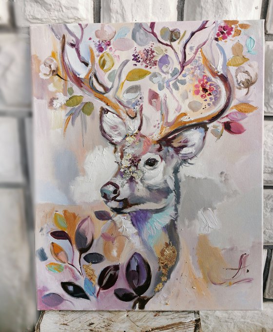 Animals set, Deer painting on canvas, Animals wall art, Boho painting