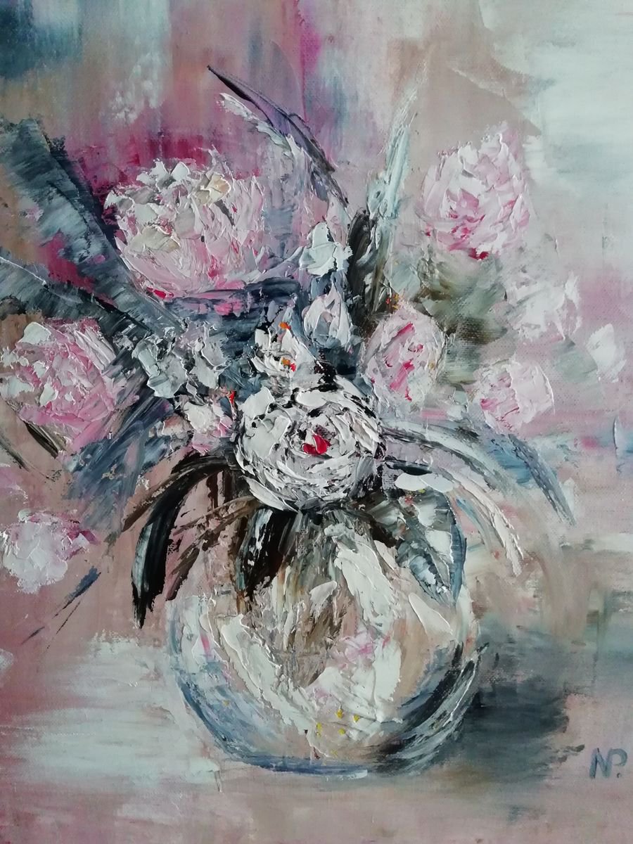 The smell of love, still life with flowers, original oil painting by Nataliia Plakhotnyk