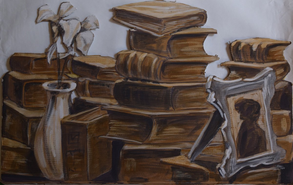 Still Life Painting By Antonio Mele, 36 X 24, Books And Lilies, Original Artwork