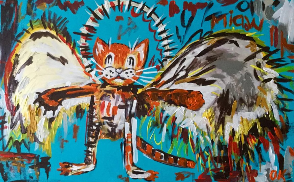 Expressive Animal Acrylic Painting By Olga Koval, 40 X 24", Cat La Fallen Angel Basquiat, Original Artwork