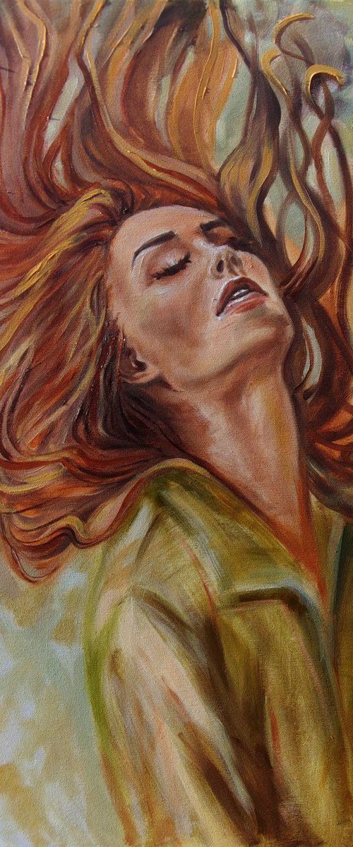 " AUTUMN WIND "-   RED HAIR ORIGINAL OIL PAINTING, GIFT, by Monika Luniak