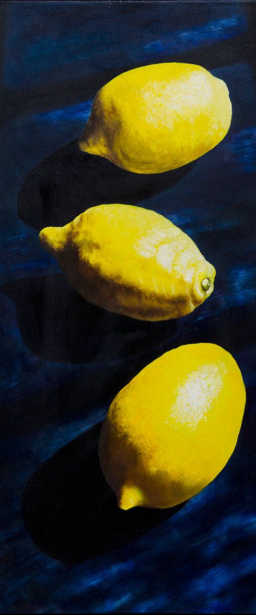 Three Lemons on Dark Blue Silk by Andrew McNeile Jones