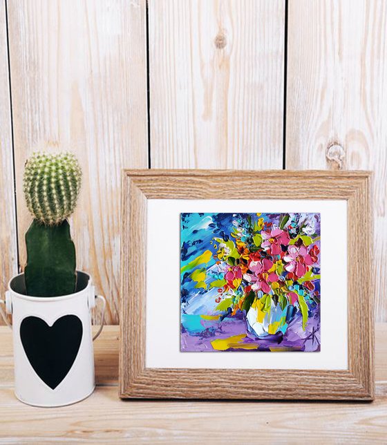 Small bouquet - small painting, flowers oil painting, oil painting, flowers, postcard, bouquet, gift idea, gift