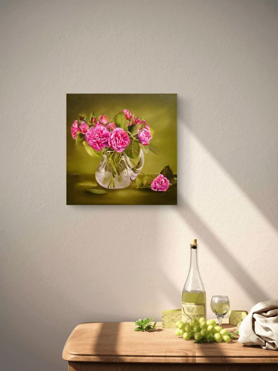 Pink Roses in Glass Vase