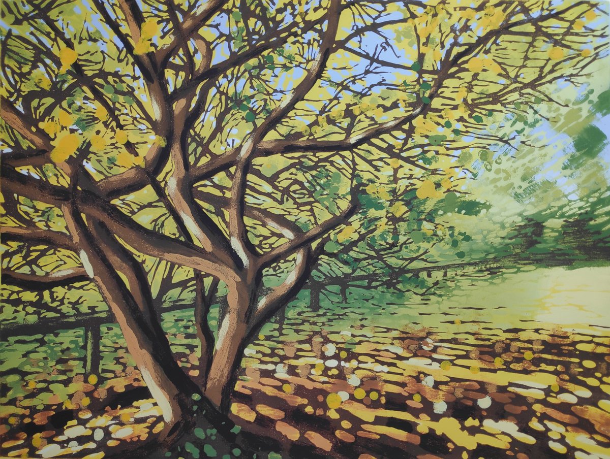 Impressionistic Landscape Linocut By Alexandra Buckle, 18 X 14, Park Stroll In Autumn, Original Artwork